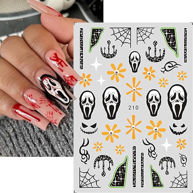 Halloween Nail Art Stickers Decals Halloween Horror Spooky Self-Adhesive Nail Designs Supply Halloween Devil Ghost Spider Web Nail Decals for Women Girls DIY Manicure Tips Horror Party Nail Decoration