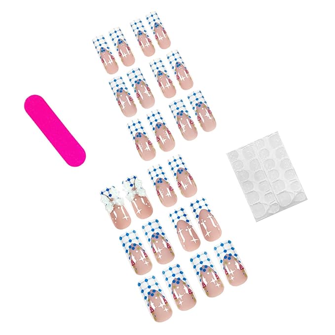 Square Press on Nails Medium Fake Nails with Designs Bow Stick on Nail Strawberry Acrylic False Nail French Glossy Artificial Nail Full Cover Glue on Nails for Women