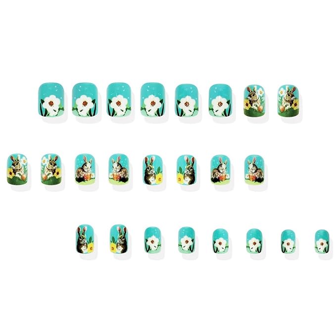 Easter Press on Nails Short Square Fake Nails with Cute Bunny Designs Glossy Blue False Nails Spring Colorful Flower Acrylic Nails Full Cover Stick on Nails for Women Nails Manicure Decoration 24 Pcs