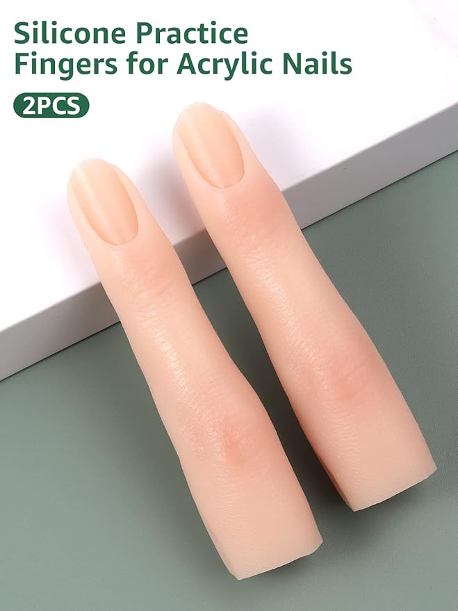 2 Pieces Silicone Practice Fingers for Acrylic Nails, Fake Training Hand Finger Model Flexible Bendable Mannequin Finger, Soft Realistic Joint Nail Practice Fingers with Makeup for Nail Art (Color 1)