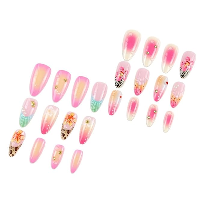 Medium Press on Nails Almond Fake Nails Pink False Nails French Artificial Nails with Pearl Designs Beach Handmade Nails Cute Stick on Nails for Women 24pcs