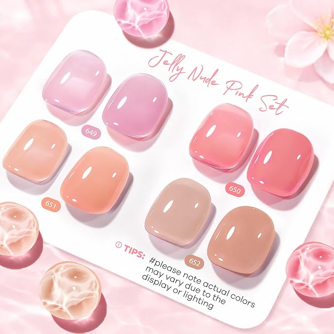 AZUREBEAUTY Jelly Nail Polish Set Quick Dry Transparent Nude Pink Purple Brown 4 Colors Sheer Natural Nail Lacquer Fingernail Kit with Top Coat Nail Polish DIY Salon Home