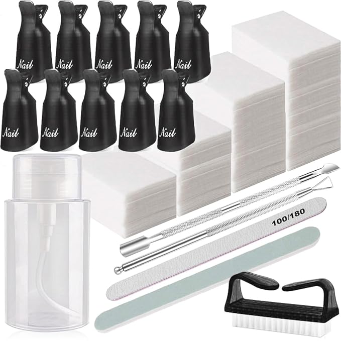 Nail Polish Gel Remover Tools Kit, Soak Off Cap Clip 10pcs, Dispenser Bottle, 600PCS Cotton Pads Handle Brushes Finger Separators(Black-Set)