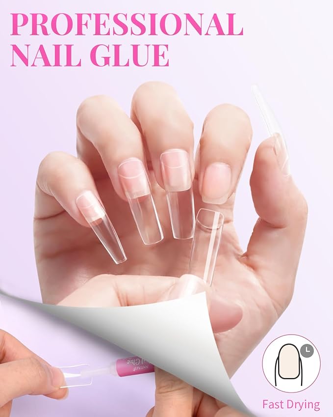 MORGLES 500 Pcs Clear Acrylic Nail Tips Square Full Cover with Nail Clipper Files and Glues Cuticle Fork for Home DIY with Box