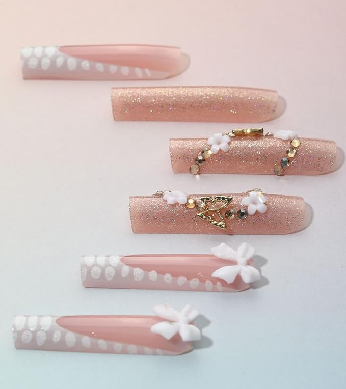 Press on Nails Square - Extra Long Fake Nails with 3D Flowers and Bows, White French Tips Pink False Nail with Glue Sticker, Stick On Nails for Women, 12 Sizes - 24 Nail Kit, Gilded Accents