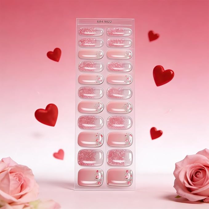 Cute Valentines Day Gel Nail Stickers Gradient Pink Nail Strips Polish Romantic Love with Glitter Designs Full Wraps Gel Nail Strips Cute Heart Nail Decals for Women Manicure Decorations 1 Sheets