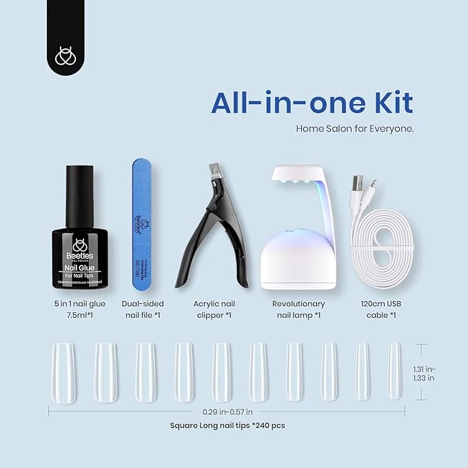 Beetles Gel Nail Kit Easy Extension Set, 240 PCS Long Square Gel Nail Tips Full Cover With 5 In 1 Nail Glue Base Gel and Innovative Uv Led Lamp Easy DIY Gift for Women