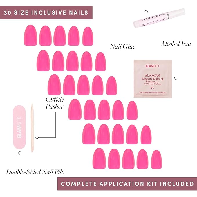 Glamnetic Press On Nails - Hot Pink Fake Nails | Opaque Bright Neon Pink Short Oval Fake Nails, Salon Quality | 15 Sizes - 30 Nail Kit with Glue