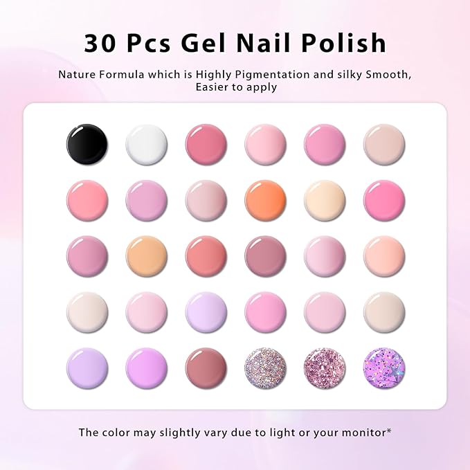 MEET ACROSS 30 Pcs Pink Gel Nail Polish Set, 30 Colors Gel Polish Nude Light Baby Pink Purple Glitter Soak off Uv Led Manicure Kit for DIY Manicure Gift for Women