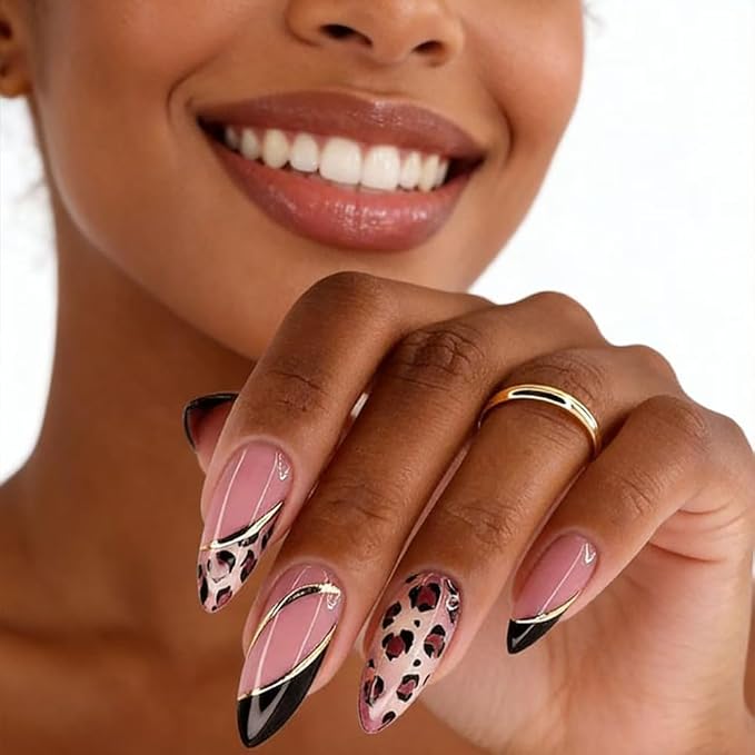 Alomnd Press on Nails - Leopard Print Fake Nails - Medium False Nail Press ons - French Tip Acrylic Glue on Nail - Artificial Nail Stick on Nails for Women Manicure 24Pcs