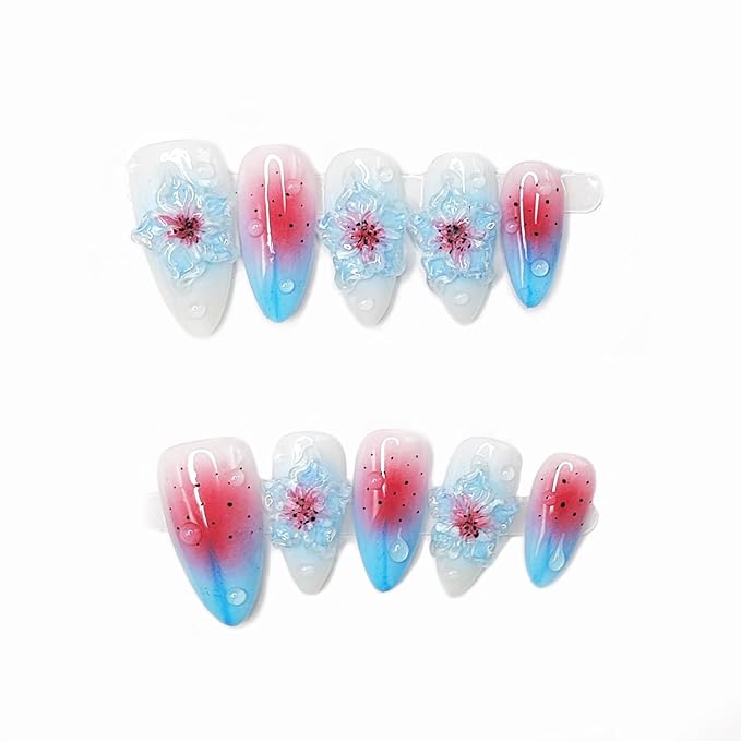 OCOUYVD Blue Almond M Medium Almond False Nails 10pcs Handmade Luxury 3D Flower Gel Acrylic Nails Full Cover Stick on Nails for Women DIY Manicure