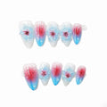 OCOUYVD Blue Almond M Medium Almond False Nails 10pcs Handmade Luxury 3D Flower Gel Acrylic Nails Full Cover Stick on Nails for Women DIY Manicure
