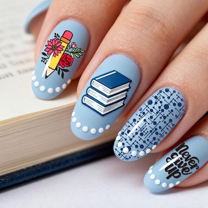 PH PandaHall 4pcs Learning Elements Nail Stamp Plate Books Pens Nail Art Template Stationery Notebook Manicures Stamper Line Texture Nails Image Plate for Back to School Manicure Design Decoration