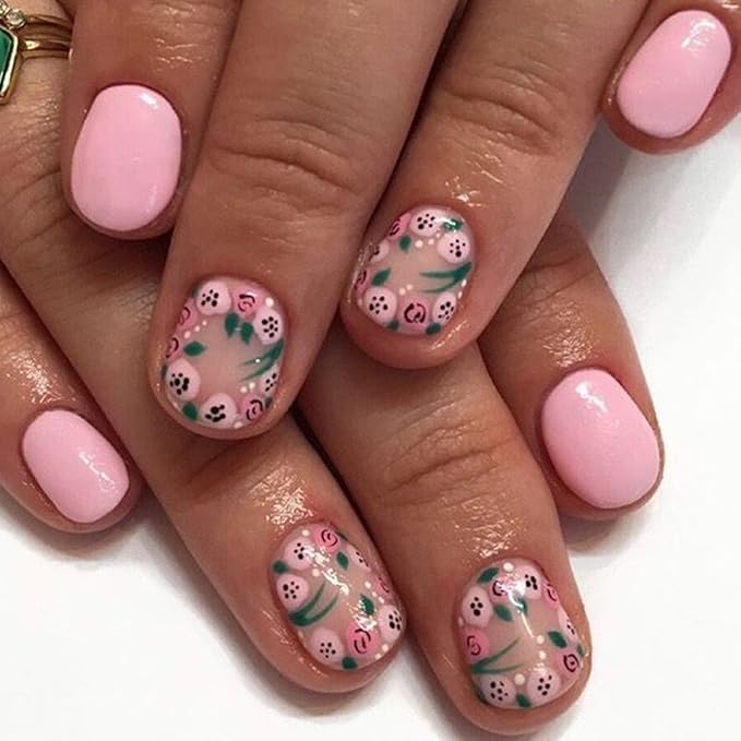 Pink Press on Nails Square Short Cute Fake Nails Press ons Nails Tips Artificial Acrylic Kit Full Cover Short False Nails with Flowers Glossy Design Stick on Nails for Women 24Pcs