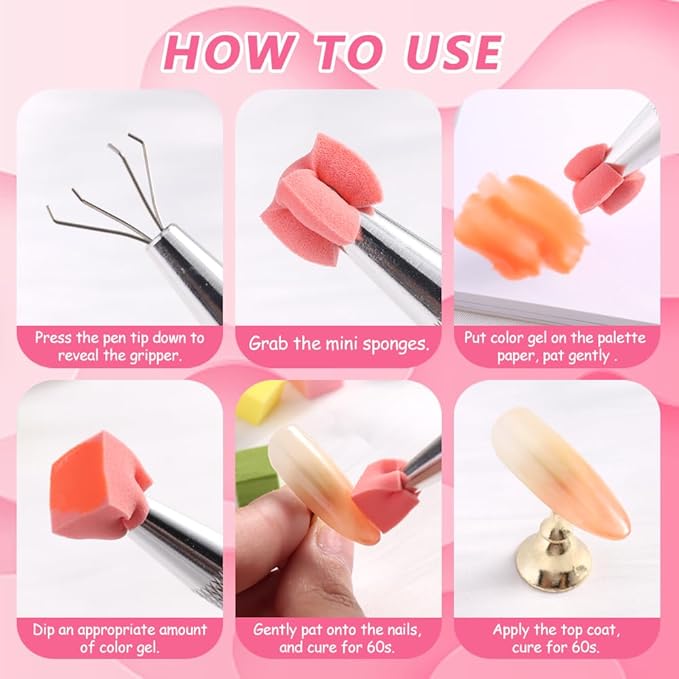 100Pcs Nail Sponges for Ombre Nail Art, Mini Soft Nail Art Sponges with Grabbing Pen and Waterproof Nail Polish Palette Paper, Nail Ombre Brush Gradient Manicure DIY Tools Nail Supplies
