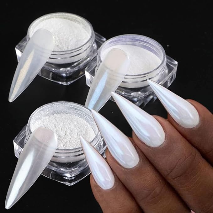 White Pearl Chrome Nail Powder, Mirror Effect Pearlescent Chrome Pigment Powder for Nails, Ice Aurora Nail Powder 3Pcs