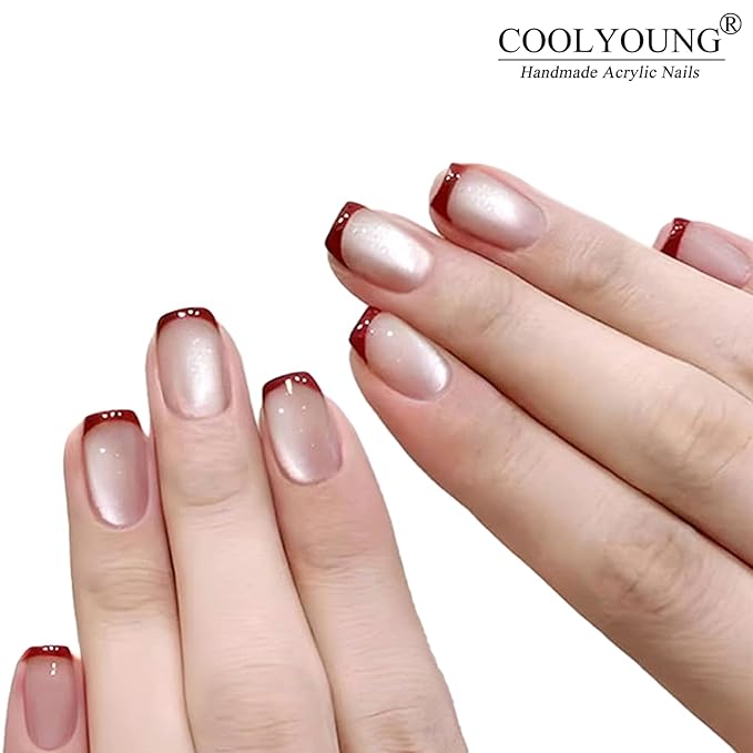 Press On Nails, COOLYOUNG Red French Tip Press On Nails, Cat Eye Nails, Short Natural Acrylic Fake Nails for Women, 30 PCS False Nails