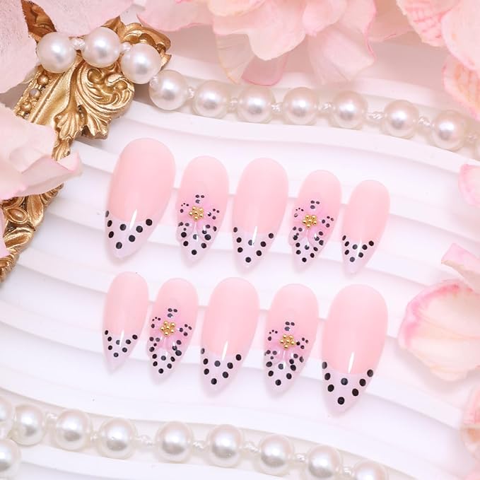 24Pcs Polka Dot French Tip Press on Nails Medium Almond Fake Nails 3D Pink Flower Glue on Nails with Gold Beads Designs Spring False Nails Nude Pink Full Cover Glossy Cute Acrylic Nails for Women