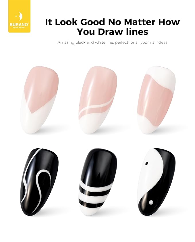 BURANO Gel Nail Polish Liner Nail Art Polish, Black White Painted Gel Nail Design Polish 2 Bottle 8ml, Build in Thin Nail Brush Curing Required LX11 LX12