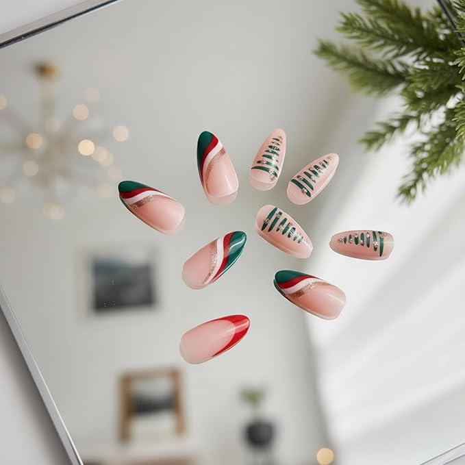 Press On Nails Almond Christmas, French Tip Press on Nails Short, Glue On Nails for Women Gift, Supremely Fit Natural Reusable Stick On Nails in 12 Sizes -24 Fake Nails Kit, Wave Christmas Tree