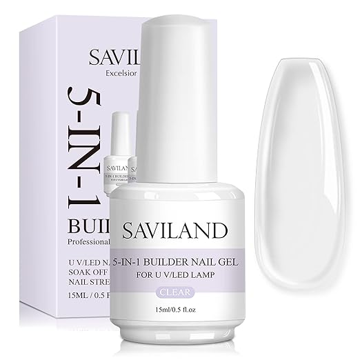 SAVILAND 5 in 1 Clear Builder Nail Gel - 15ml Quick Building Nail Strengthener Gel Castor Oil Vitamin E Builder Nail Gel in a Bottle for Damage Nail Repair Nail Extension Nail Decoration Professionals