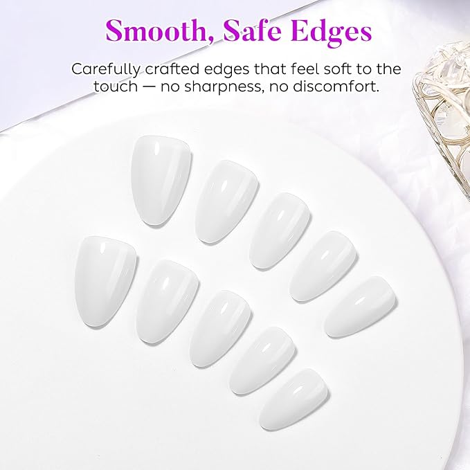 Luxbon Press On Nails with No-Cure Nail Glue and Tool Kit – Almond Acrylic Stick On Nails Soft Gel Tips 30-32pcs Full Size Set, Reusable Fake Nails for Women, Salon Look at Home, White