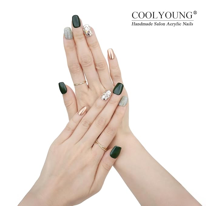 COOLYOUNG Olive Green Gold Glitter Press On Nails Salon Quality Short Reusable Artificial Nails with Cat Eye, 25 PCS Handmade Nails