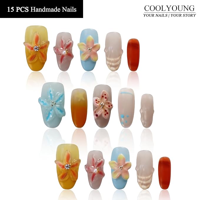 COOLYOUNG Short Square Press On Nails, Girls Fake Nails, Stick On Nails For Women,10 Pieces False Nails (Tropical Flower, L)