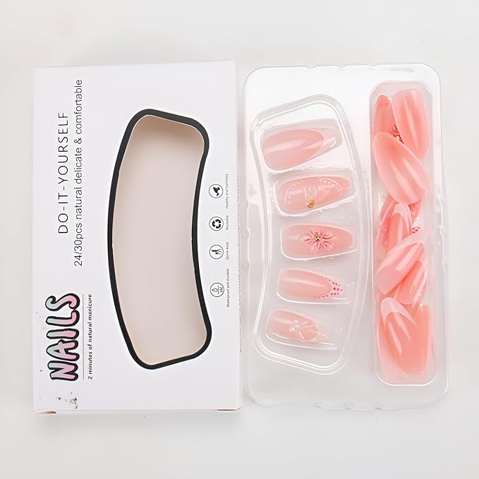 French Tip Press on Nails Medium Almond Fake Nails Flower False Nails Glossy Full Cover Nails Press Ons with Pearl Design Nude White Glue on Nail DIY Acrylic Stick on Nail for Women 24Pcs