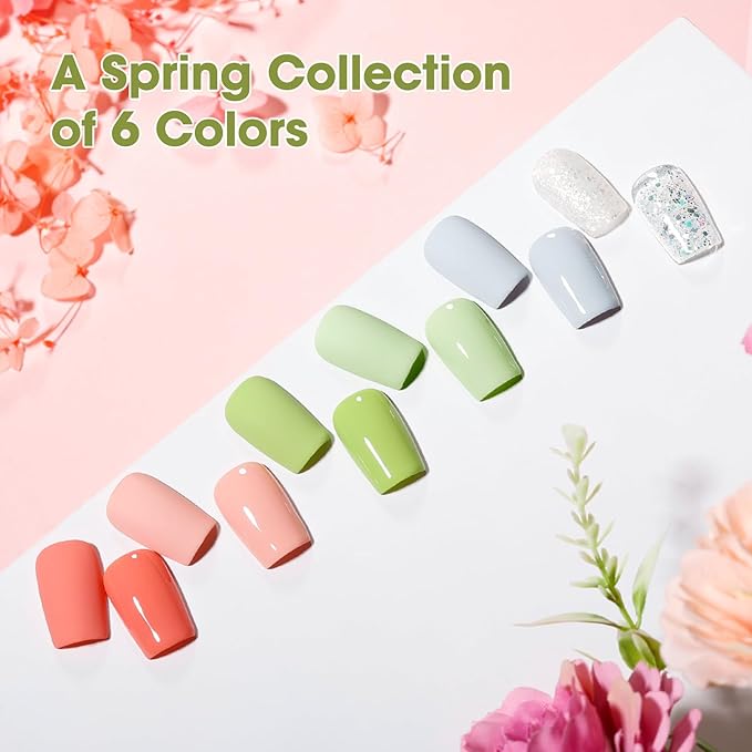 GELLEN Green Green Gel Nail Polish Set, 6 Color Spring Gels, Vivid Grass Pink Baby Blue Glitter Gel Polish Kit, Soak Off UV Gel Nail Polish, Nail Art DIY Manicure