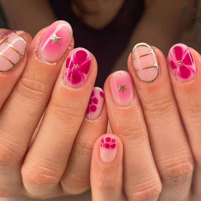 Pink Press On Nails Short Oval, Summer Fall Fake Nails Featuring Petal Designs and Gold Detailing, Glossy Gel Finish Acrylic Nails, Thick Reusable Glue On Nails Kit for Women, Gilded Blossom