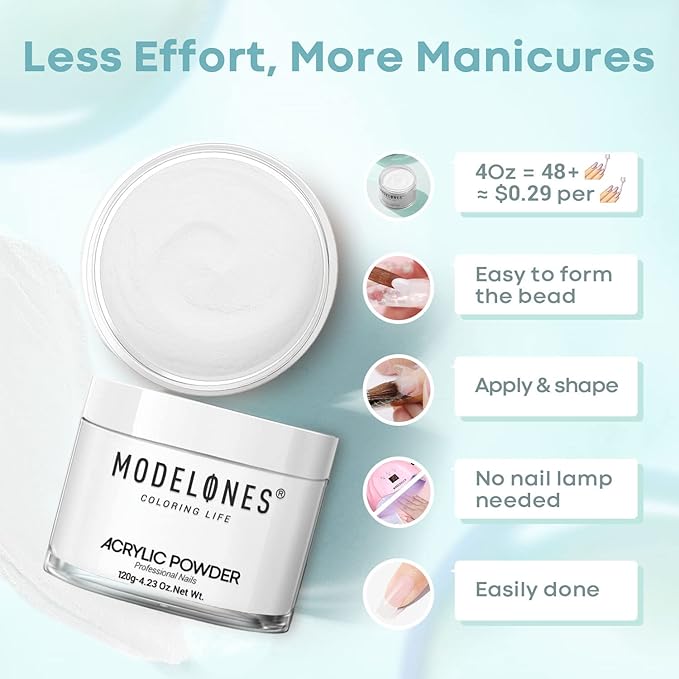 MODELONES 4.23oz White Nail Acrylic Powder Professional Big Capacity Nail Art Powder for Nail Extension