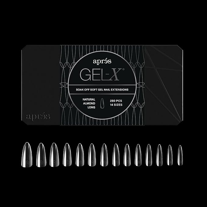 Apres Gel-X® Almond Box of Nail Tips | 280 Gel-X Tips, Soft Tips, 14 Sizes 00-9 | Half-sizes Included (Natural Almond Long, 280 Count)