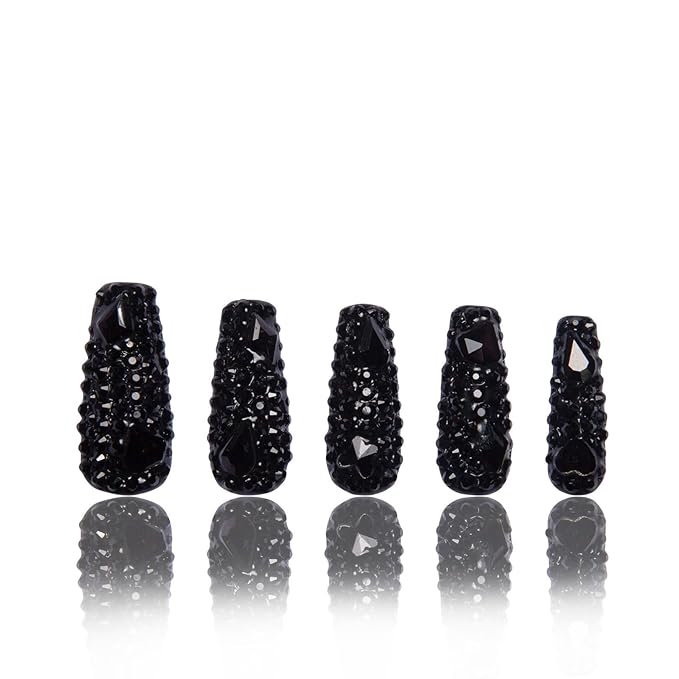 LOVFUL Press on Nails Classic Black Rhinestone | Handmade with Full Covered Crystals | Reusable Full Cover Nails | Coffin Classic Regular 1.3 in | H146-S