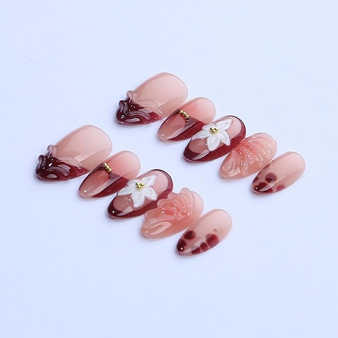 Press on Nails Medium Almond Fake Nails French Artificial Nail 3D Flowers with Gold Rhinestones Stick on Nail for Women 30pcs
