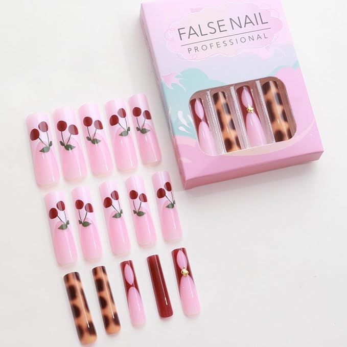 MISUD Press on Nails - Extra Long Square Glue on Nails with Red Cherry, Acrylic Tortoise Design 24 pcs