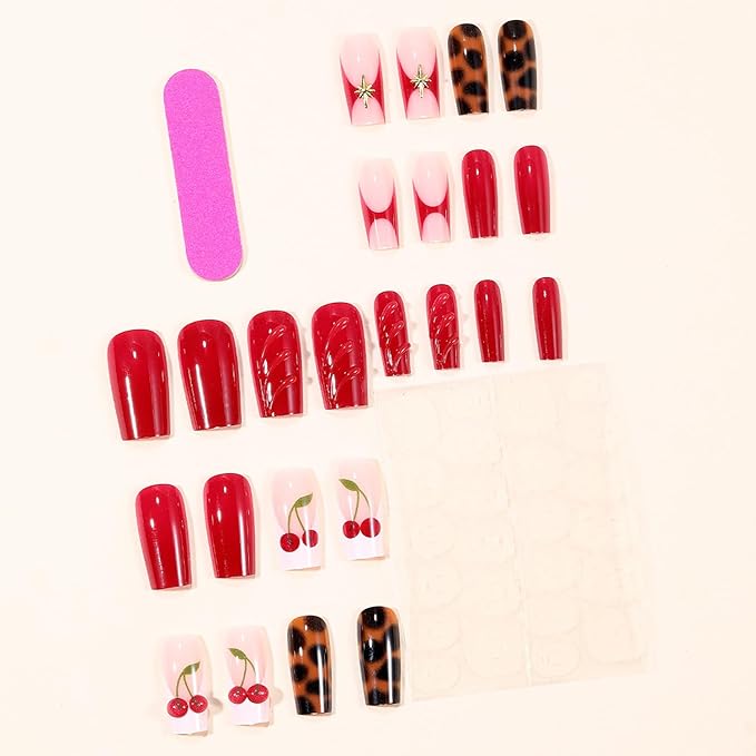 French Tip Press on Nails Medium Square MABKJLF Fake Nails Fall False Nails with Tortie Cherry Leopard Print Designs Glossy Glue on Nail Autumn Acrylic Nails for Women Girls 24Pcs