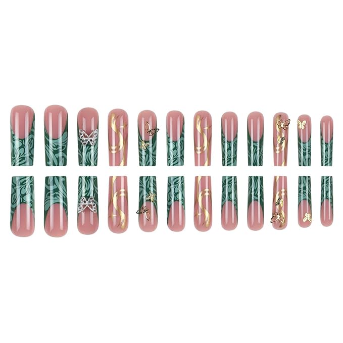 Almond Acrylic Full Cover Nails 24pcs Green Glossy False Nails with Butterfly Designs French Tip Press-On Nails