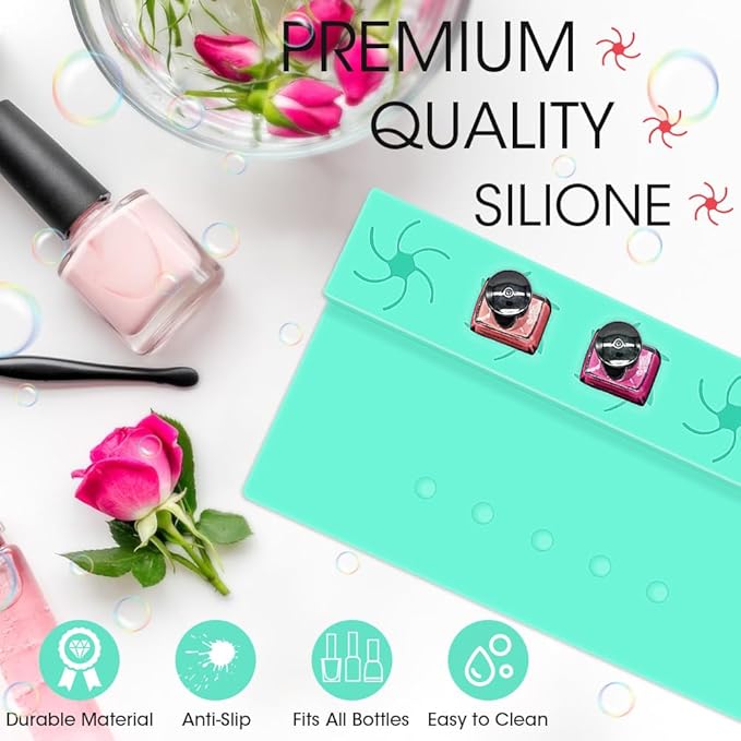 Nail Polish Holder,Silicone Hand Rest Mat Fingernail Painting Tools 2 in 1 Art Accessories Organizer Case Set with Anti-Spill Bottle Stand and Finger Separator for Pedicure Manicure-Turquoise