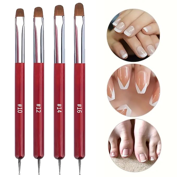4Pcs French Tip Brush, Double-Ended French Brushes for Nails with Dotting Tool, Clean Up Brush for Gel Nail Polish, Size 10/12/14/16, Acrylic Nail Art Brushes, Manicure Tools for Nail Design-Red