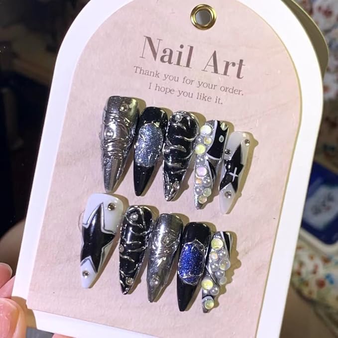 3D Almond Press on Nails, Long almonds Fake Nails Starry Sky False Nails Middle black Press on Nails for Women Girls Nail Art Decoration,Future Armor - Middle