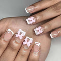 White French Tip Press on Nails with Pink Bows,Short Square Fake Nails French Nails Press ons with Design,Reusable Artificial Nail Full Cover Glossy Glue on Nail Stick on Nail for Women Manicure 24Pcs