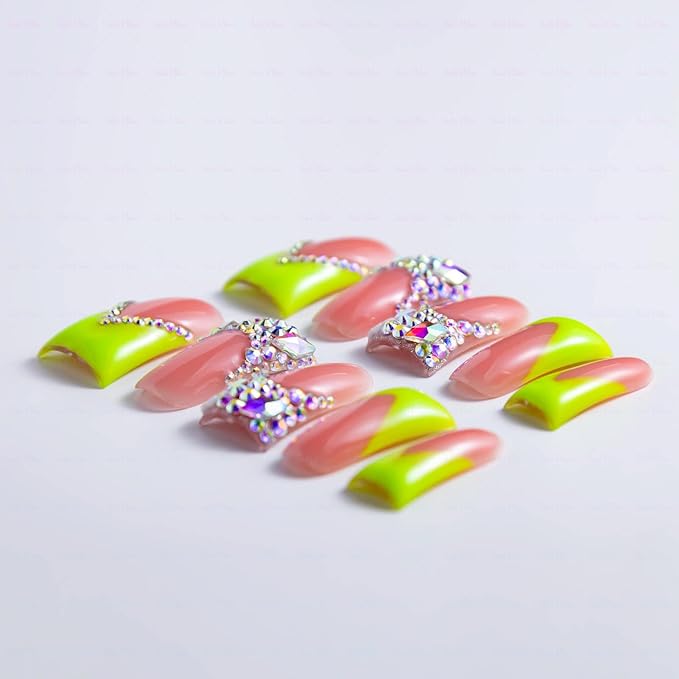 10 Pieces Luxury Acrylic Press On Nails Long Handmade Duck Nails, Green Thickened False French Nails, With Bling Rhinestones And Y2K Princess Vibes, Reusable Acrylic Nails (M)