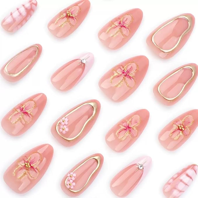 Press on Nails Medium Almond - Flower Fake Nails with Gold Line Design - French Tip False Nails Press ons - for Women 24 Pcs