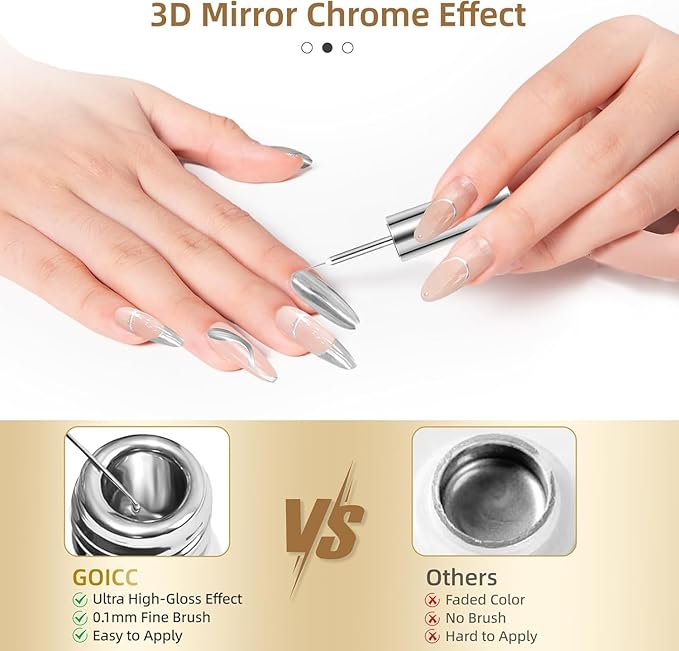 Metallic Gel Nail Polish Sliver Gel Liner For Nail Art Chrome Silver Nail Polish 8ml 3D Mirror Chrome Effect Painting with Thin Brush French Nail Design Curing Requires