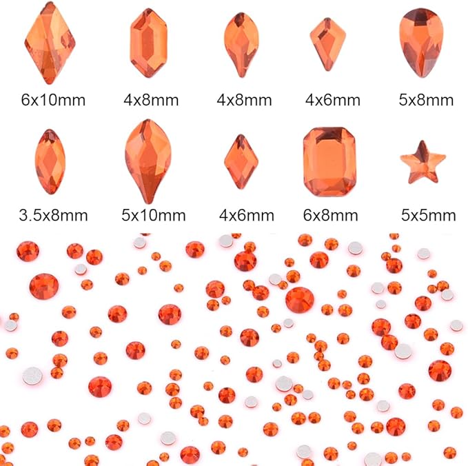 820pcs Orange Crystal Flatback Glass Mix Size Shape Nail Stones 3D Nail Decoration Rhinestone Charms Handmade DIY Craft Jewels Accessory Supply