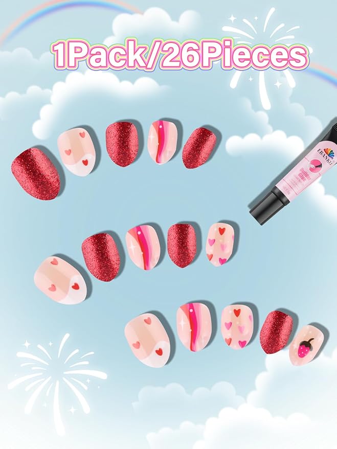 EBANKU 24 Pieces Kid Fake Nail Kit, Almond Press on Nails for Kids Lovely Heart Press on Nail Short Artificial False Nail Kits for Kids Girls