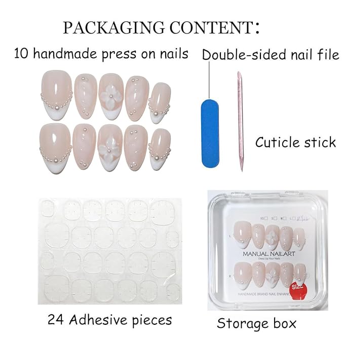 10Pcs Almond Handmade Press On Nails | Floral Seashell Ombre Collection with 3D Decor & Gold Bead Accents | Reusable Easy to Apply Salon-Quality Fake Nails for Women and Girls (PZ04, S)