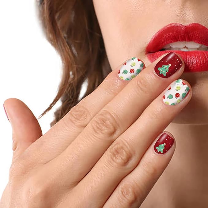 JERCLITY 224 Pieces 16 Sheets Christmas Nail Polish Strips Christmas Nail Wraps for Short Nails Christmas Tree Snowflake Snowman Gel Nail Strips Self-Adhesive Nail Stickers Full Nail Wraps for Women