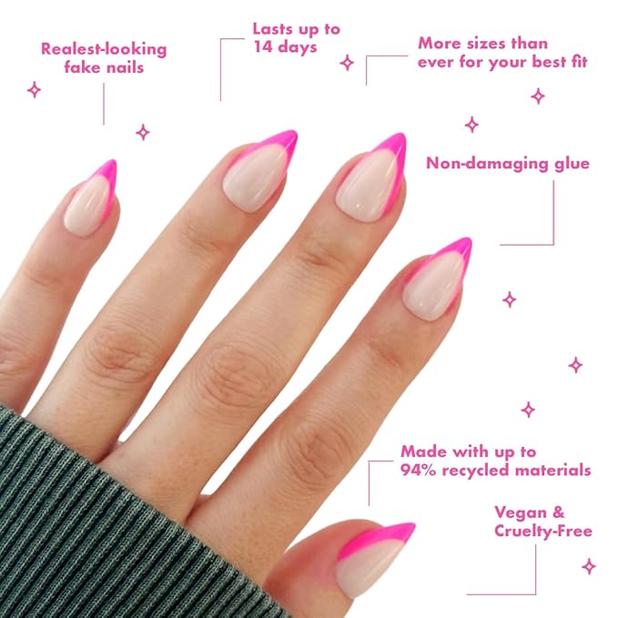 Olive & June Maximalist Instant Mani Press-On Nails (Glue) | 42 Fake Nails, 21 Sizes | Non-Toxic, Long-Lasting Big, Bold Gorgeous Realistic Look | Salon-Quality | Medium, Stiletto | Neon Pink French